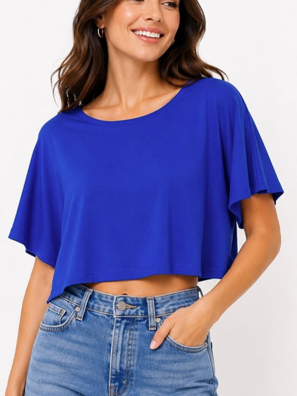Silence + Noise Blue Boxy Crop Top Oversized Knit Tee Bateau Neck NWT